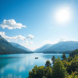 A serene landscape featuring a clear blue lake surrounded by lush green trees and mountains in the background