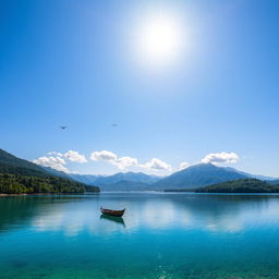 A serene landscape featuring a clear blue lake surrounded by lush green trees and mountains in the background