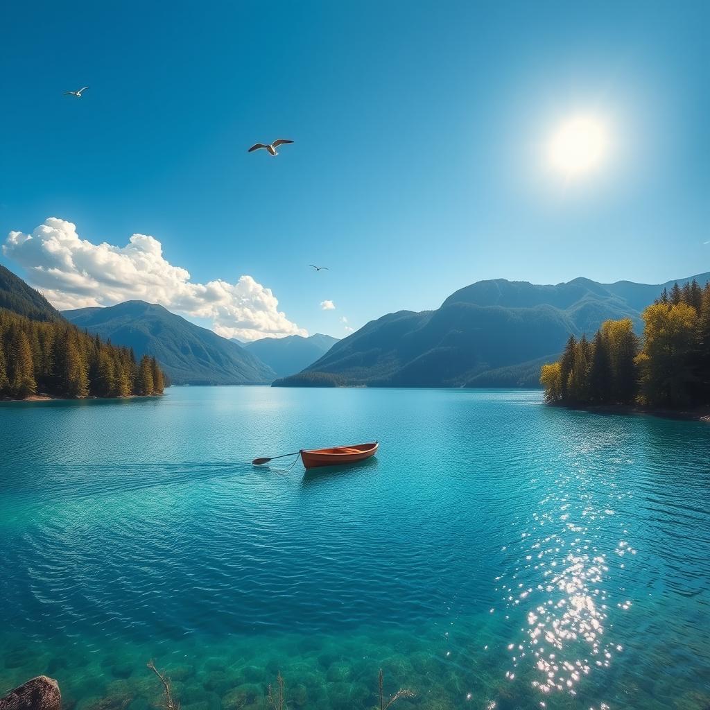 A serene landscape featuring a clear blue lake surrounded by lush green trees and mountains in the background