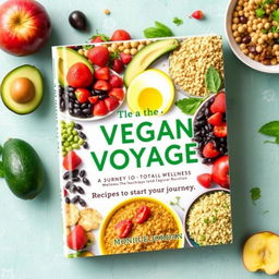 A vibrant and colorful cookbook cover titled 'The Vegan Voyage: Journey to Total Wellness' by Monique Jordan