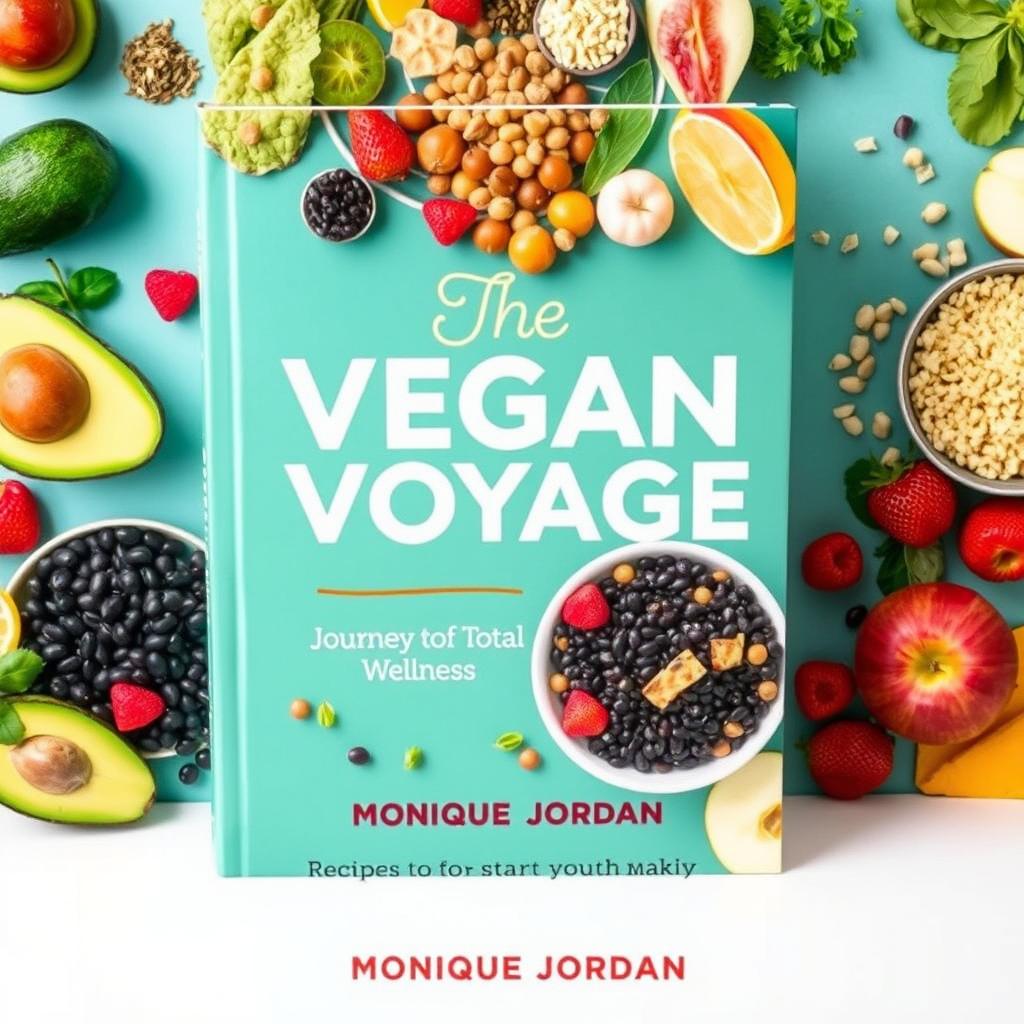 A vibrant and colorful cookbook cover titled 'The Vegan Voyage: Journey to Total Wellness' by Monique Jordan