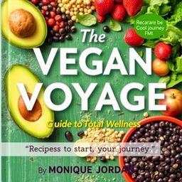 A vibrant and colorful cookbook cover titled 'The Vegan Voyage: Guide to Total Wellness' by Monique Jordan