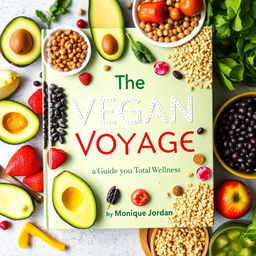 A vibrant and colorful cookbook cover titled 'The Vegan Voyage: Guide to Total Wellness' by Monique Jordan