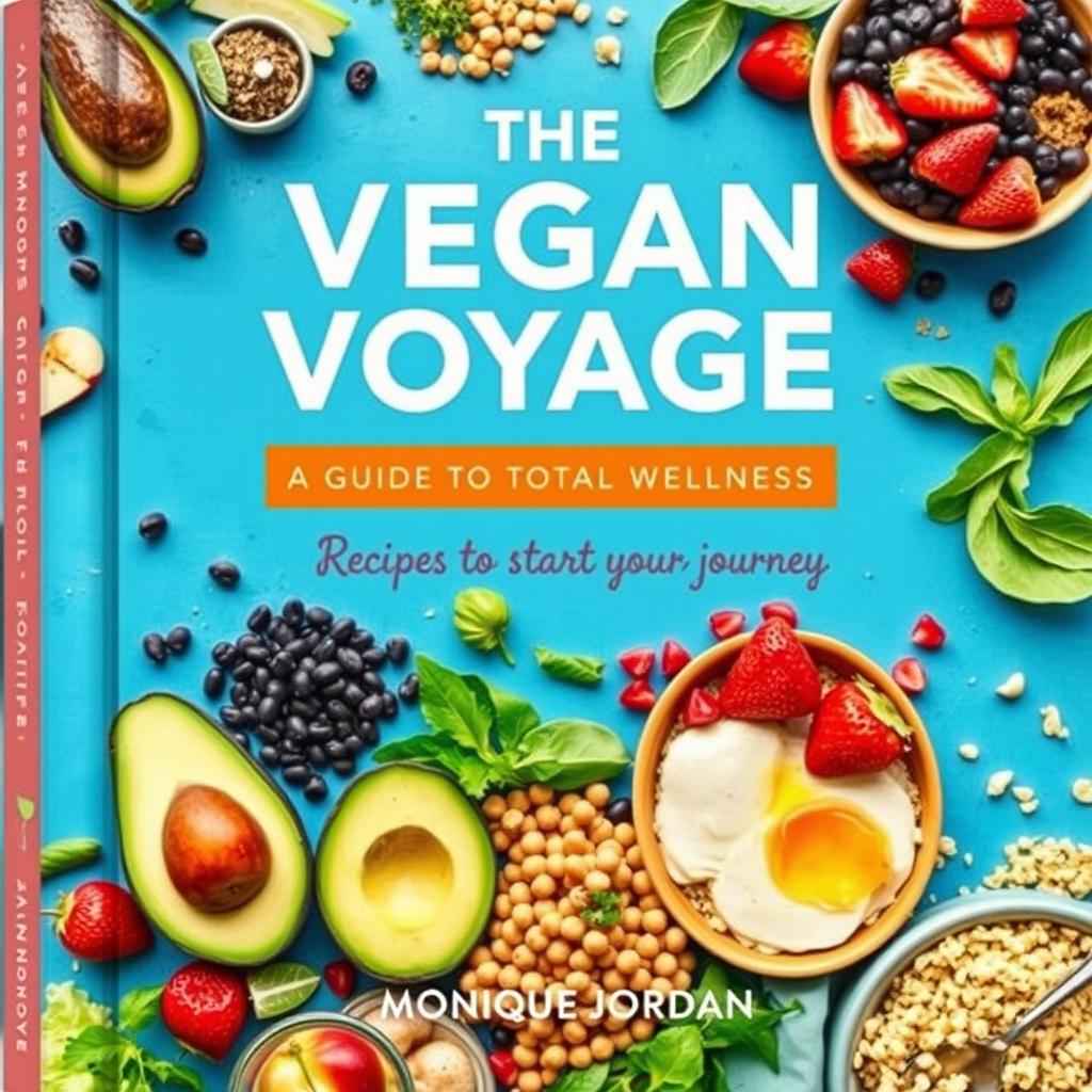 A vibrant and colorful cookbook cover titled 'The Vegan Voyage: Guide to Total Wellness' by Monique Jordan