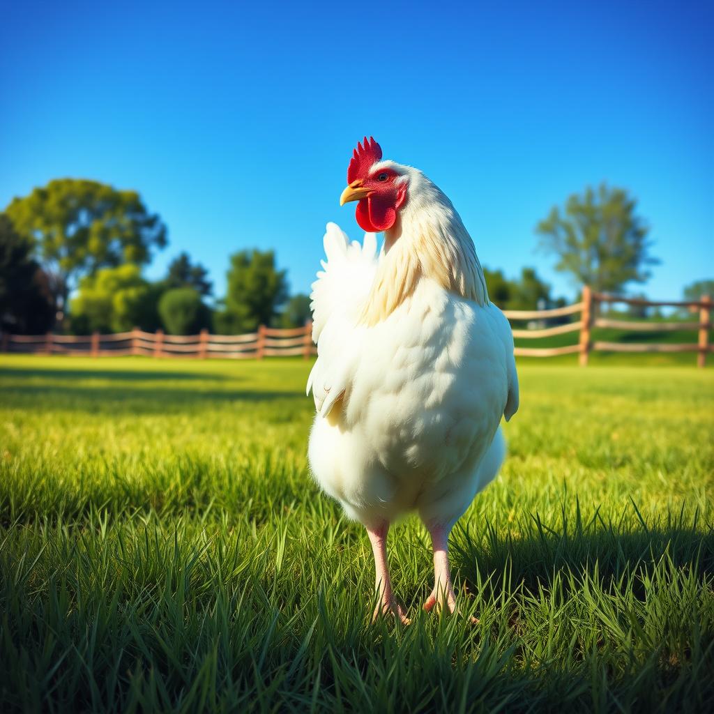 A detailed and realistic image of a white chicken standing in a grassy field under a clear blue sky