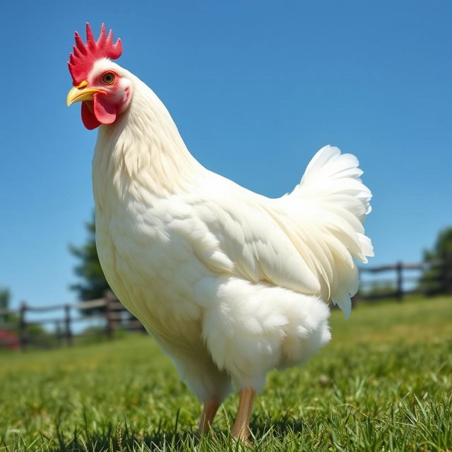 A detailed and realistic image of a white chicken standing in a grassy field under a clear blue sky