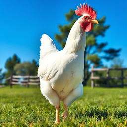 A detailed and realistic image of a white chicken standing in a grassy field under a clear blue sky