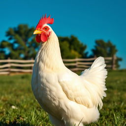 A detailed and realistic image of a white chicken standing in a grassy field under a clear blue sky