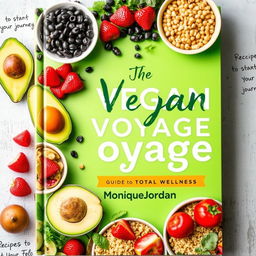 A vibrant and colorful cookbook cover titled 'The Vegan Voyage: Guide to Total Wellness' by Monique Jordan