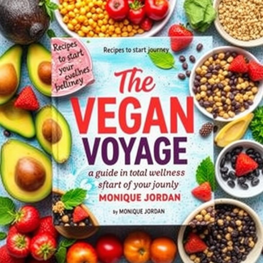 A vibrant and colorful cookbook cover titled 'The Vegan Voyage: Guide to Total Wellness' by Monique Jordan