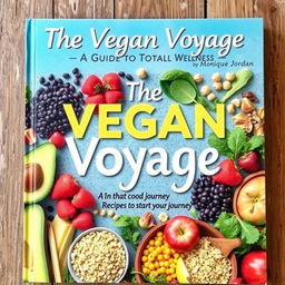 A vibrant and colorful cookbook cover titled 'The Vegan Voyage: Guide to Total Wellness' by Monique Jordan