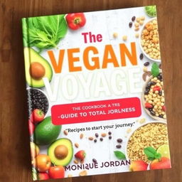 A vibrant and colorful cookbook cover titled 'The Vegan Voyage: Guide to Total Wellness' by Monique Jordan