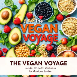 A vibrant and colorful cookbook cover titled 'The Vegan Voyage: Guide to Total Wellness' by Monique Jordan