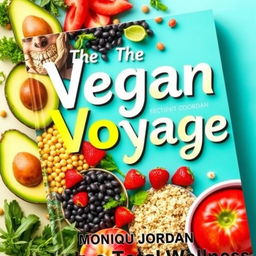 A vibrant and colorful cookbook cover titled 'The Vegan Voyage: Guide to Total Wellness' by Monique Jordan