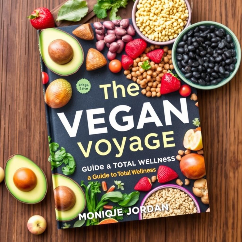 A vibrant and colorful cookbook cover titled 'The Vegan Voyage: Guide to Total Wellness' by Monique Jordan