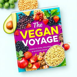 A vibrant and colorful cookbook cover titled 'The Vegan Voyage: Guide to Total Wellness' by Monique Jordan