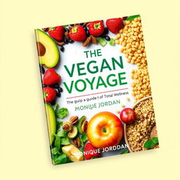 A vibrant and colorful cookbook cover titled 'The Vegan Voyage: Guide to Total Wellness' by Monique Jordan