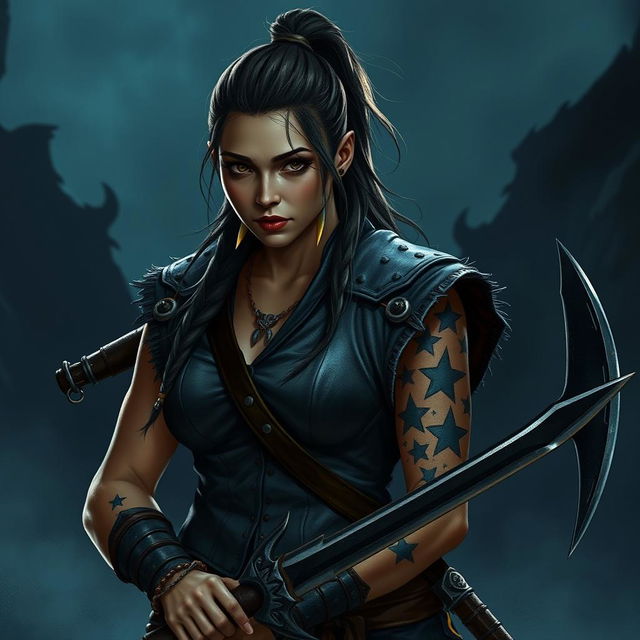 Generate an image on a night fantasy background of a Dungeons & Dragons half-orc female druid with long undercut hair in a ponytail and small tusks