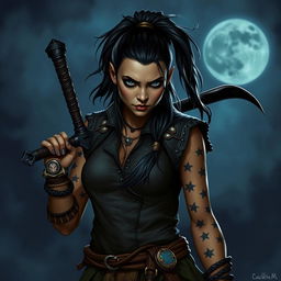 Generate an image on a night fantasy background of a Dungeons & Dragons half-orc female druid with long undercut hair in a ponytail and small tusks