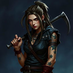 Generate an image on a night fantasy background of a Dungeons & Dragons half-orc female druid with long undercut hair in a ponytail and small tusks