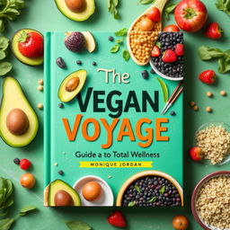 A vibrant and colorful cookbook cover titled 'The Vegan Voyage: Guide to Total Wellness' by Monique Jordan