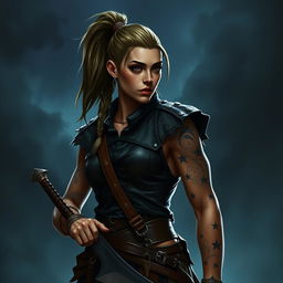 Generate an image on a night fantasy background of a Dungeons & Dragons half-orc female druid with long undercut hair in a ponytail and small tusks