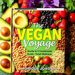 A vibrant and colorful cookbook cover titled 'The Vegan Voyage: Guide to Total Wellness' by Monique Jordan