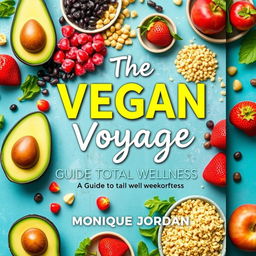 A vibrant and colorful cookbook cover titled 'The Vegan Voyage: Guide to Total Wellness' by Monique Jordan