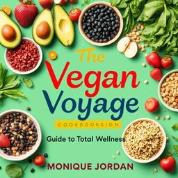 A vibrant and colorful cookbook cover titled 'The Vegan Voyage: Guide to Total Wellness' by Monique Jordan