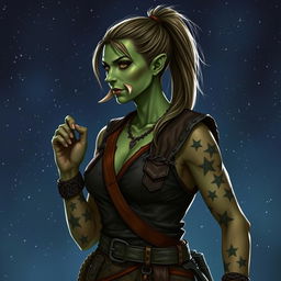 Generate an image on a starry fantasy background of a Dungeons & Dragons half-orc female druid with green skin, long undercut hair in a ponytail, and small tusks