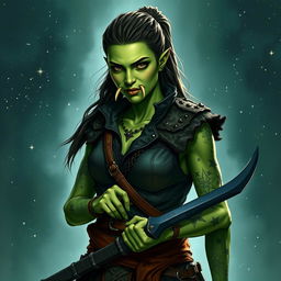 Generate an image on a starry fantasy background of a Dungeons & Dragons half-orc female druid with green skin, long undercut hair in a ponytail, and small tusks