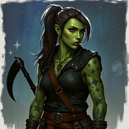 Generate an image on a starry fantasy background of a Dungeons & Dragons half-orc female druid with green skin, long undercut hair in a ponytail, and small tusks