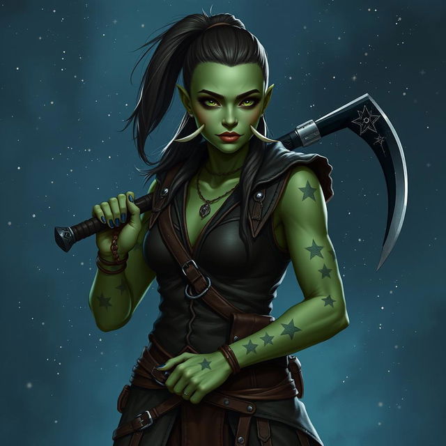 Generate an image on a starry fantasy background of a Dungeons & Dragons half-orc female druid with green skin, long undercut hair in a ponytail, and small tusks