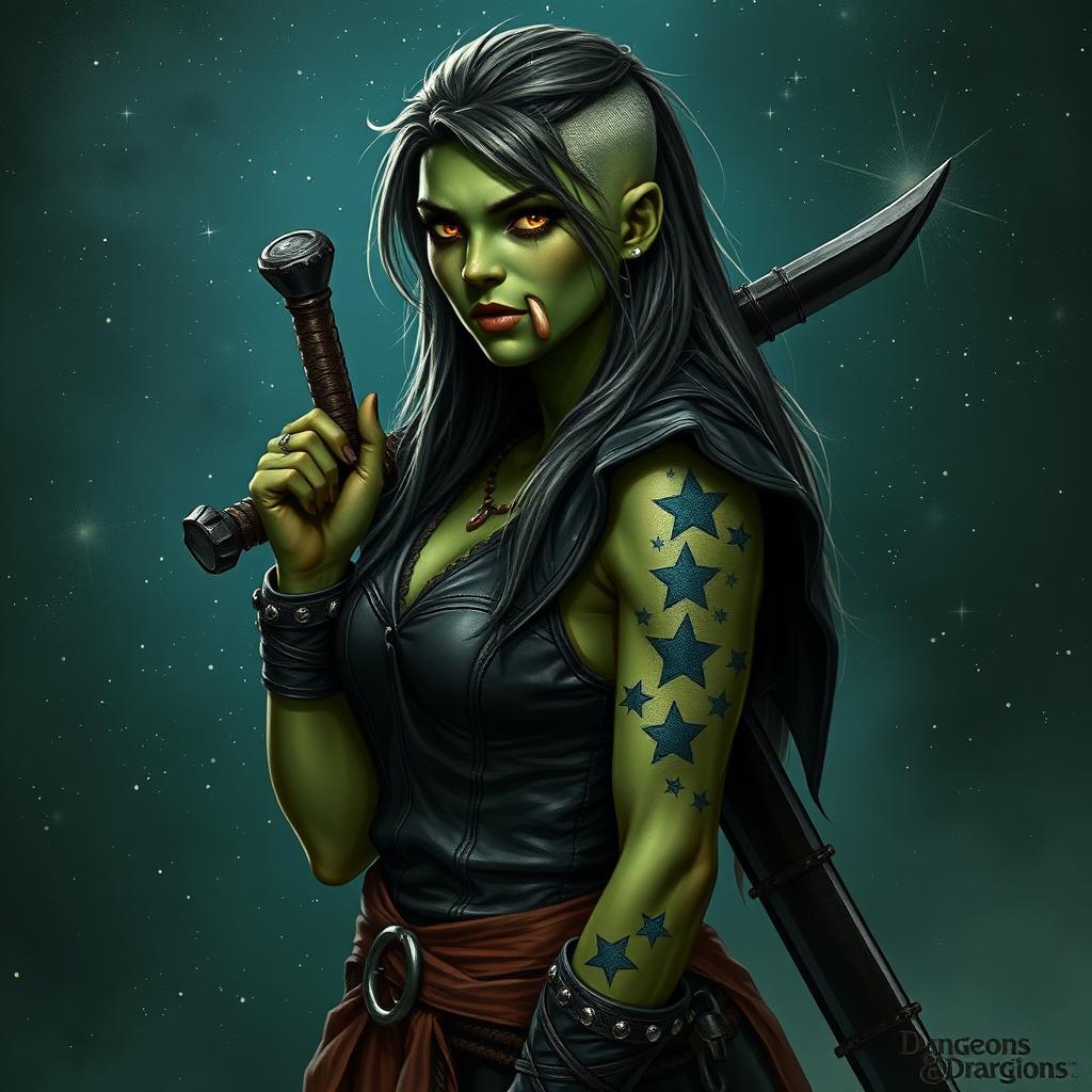 Generate an image on a starry fantasy background of a Dungeons & Dragons half-orc female druid with green skin, long undercut hair, and small mouth tusks