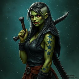 Generate an image on a starry fantasy background of a Dungeons & Dragons half-orc female druid with green skin, long undercut hair, and small mouth tusks