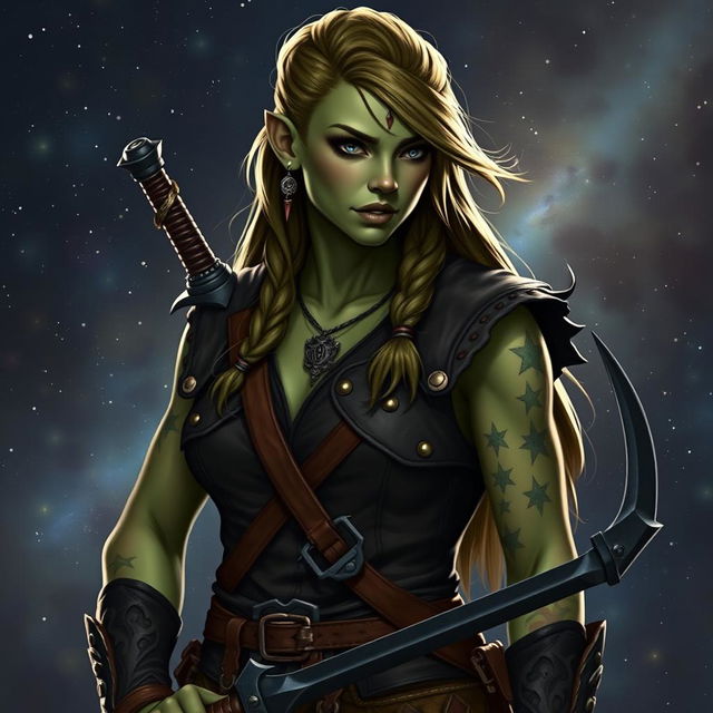 Generate an image on a starry fantasy background of a Dungeons & Dragons half-orc female druid with green skin, long undercut hair, and small mouth tusks