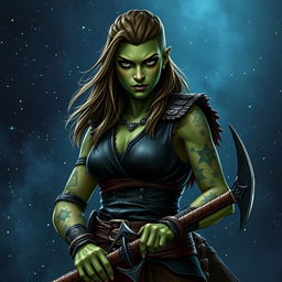 Generate an image on a starry fantasy background of a Dungeons & Dragons half-orc female druid with green skin, long undercut hair, and small mouth tusks