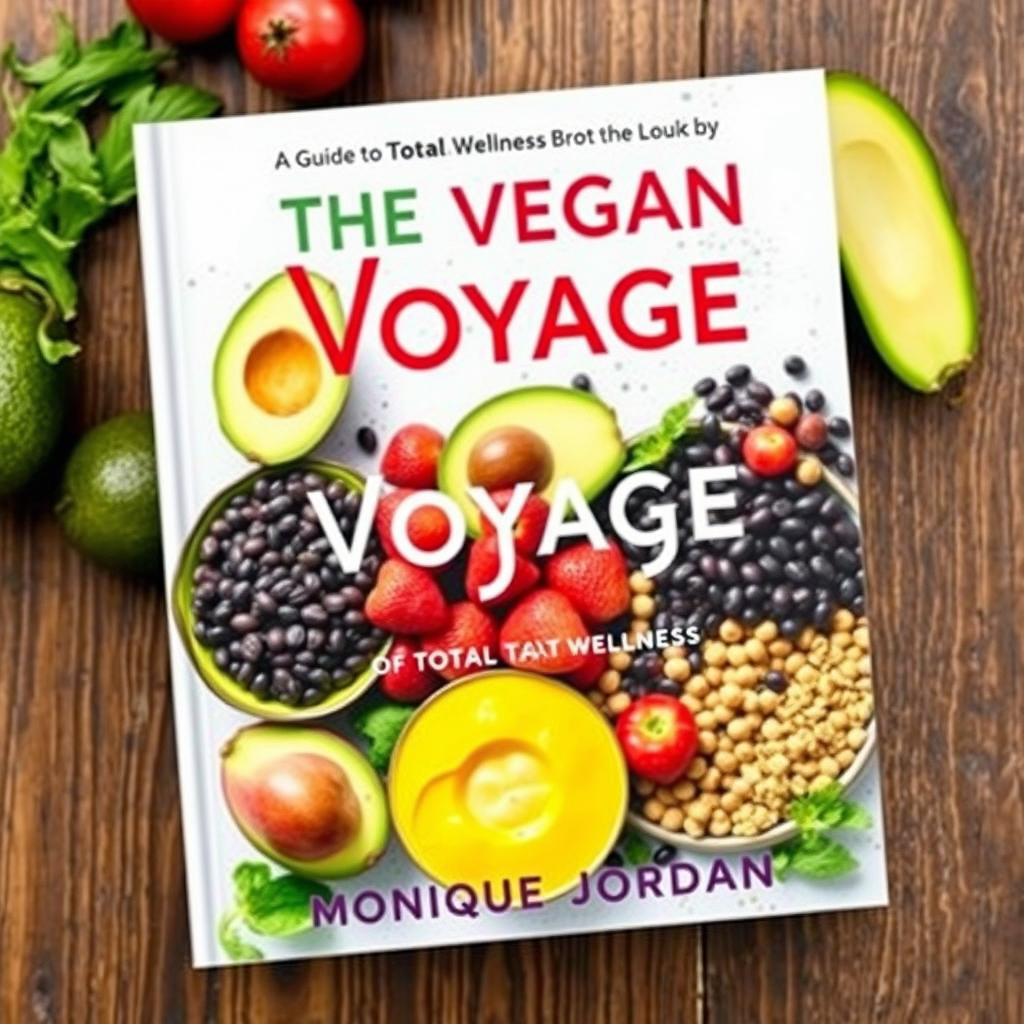 A vibrant and colorful cookbook cover titled 'The Vegan Voyage: Guide to Total Wellness' by Monique Jordan