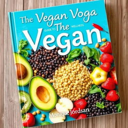 A vibrant and colorful cookbook cover titled 'The Vegan Voyage: Guide to Total Wellness' by Monique Jordan