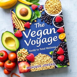 A vibrant and colorful cookbook cover titled 'The Vegan Voyage: Guide to Total Wellness' by Monique Jordan