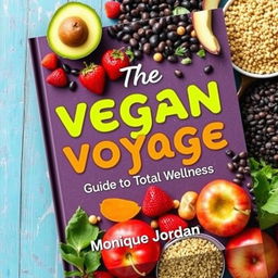 A vibrant and colorful cookbook cover titled 'The Vegan Voyage: Guide to Total Wellness' by Monique Jordan