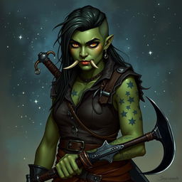 Generate an image on a starry fantasy background of a rugged Dungeons & Dragons half-orc female druid with green skin, long undercut hair, and small mouth tusks