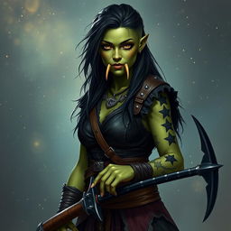 Generate an image on a starry fantasy background of a rugged Dungeons & Dragons half-orc female druid with green skin, long undercut hair, and small mouth tusks