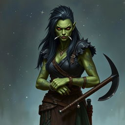 Generate an image on a starry fantasy background of a rugged Dungeons & Dragons half-orc female druid with green skin, long undercut hair, and small mouth tusks