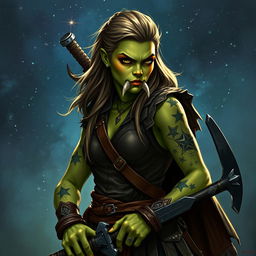 Generate an image on a starry fantasy background of a rugged Dungeons & Dragons half-orc female druid with green skin, long undercut hair, and small mouth tusks