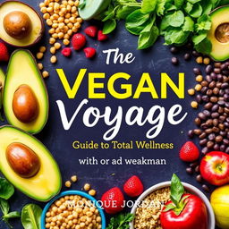 Create a vibrant and colorful cookbook cover titled 'The Vegan Voyage: Guide to Total Wellness' by Monique Jordan