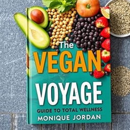 Create a vibrant and colorful cookbook cover titled 'The Vegan Voyage: Guide to Total Wellness' by Monique Jordan