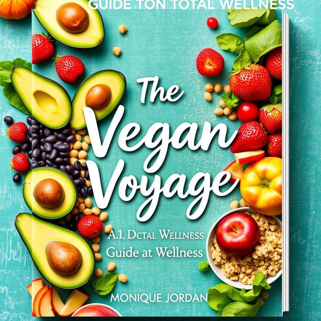 Create a vibrant and colorful cookbook cover titled 'The Vegan Voyage: Guide to Total Wellness' by Monique Jordan