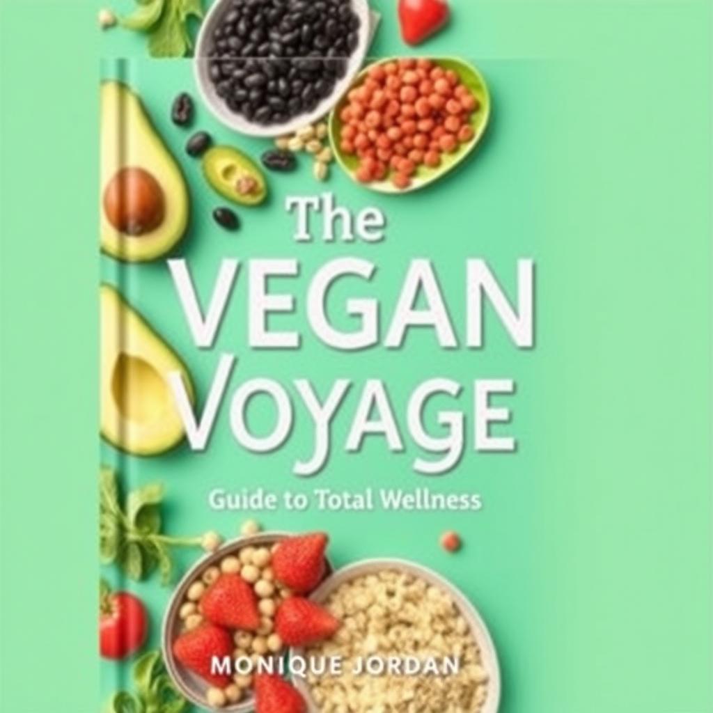 Create a vibrant and colorful cookbook cover titled 'The Vegan Voyage: Guide to Total Wellness' by Monique Jordan