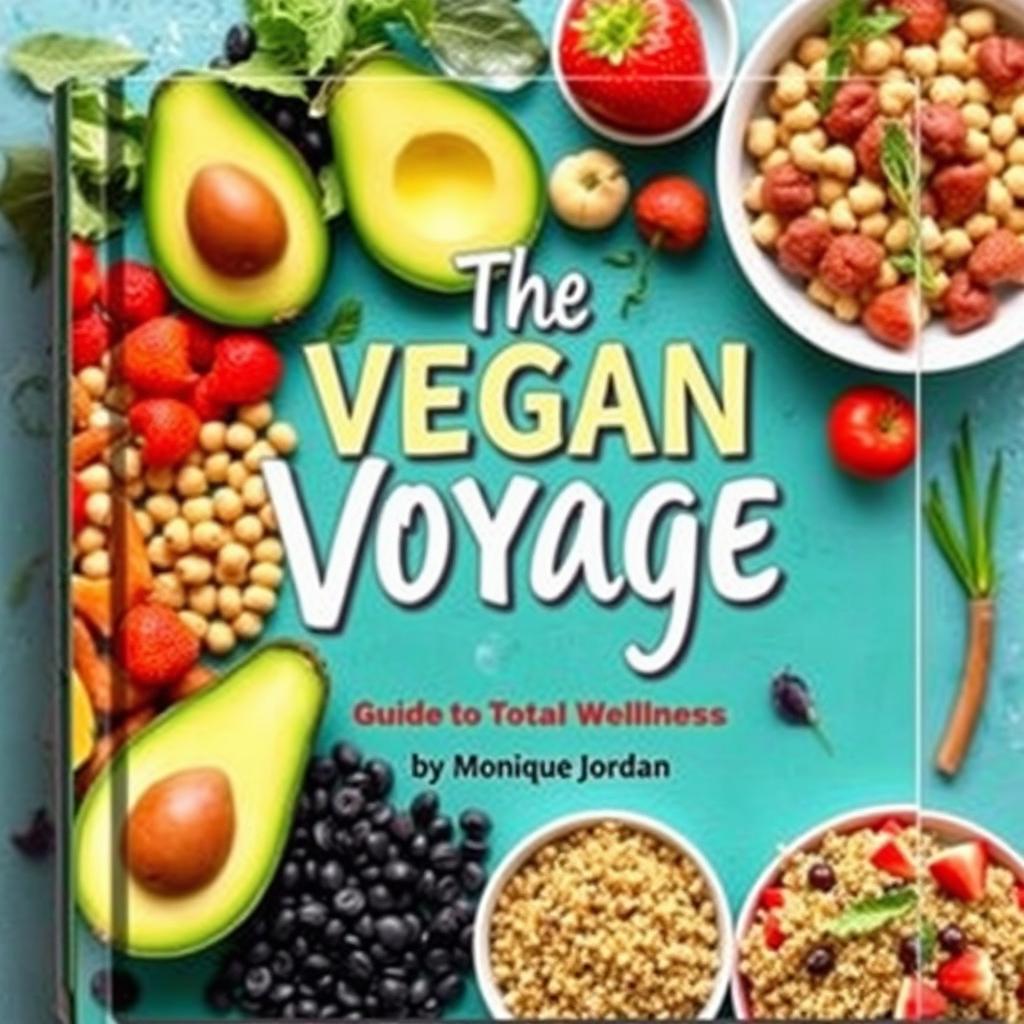 Create a vibrant and colorful cookbook cover titled 'The Vegan Voyage: Guide to Total Wellness' by Monique Jordan